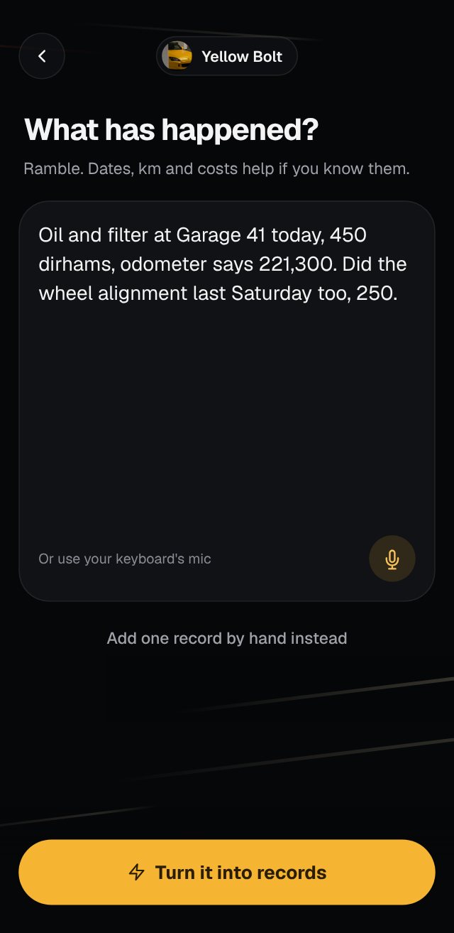 The Brain Dump screen in Car Life Tracker
